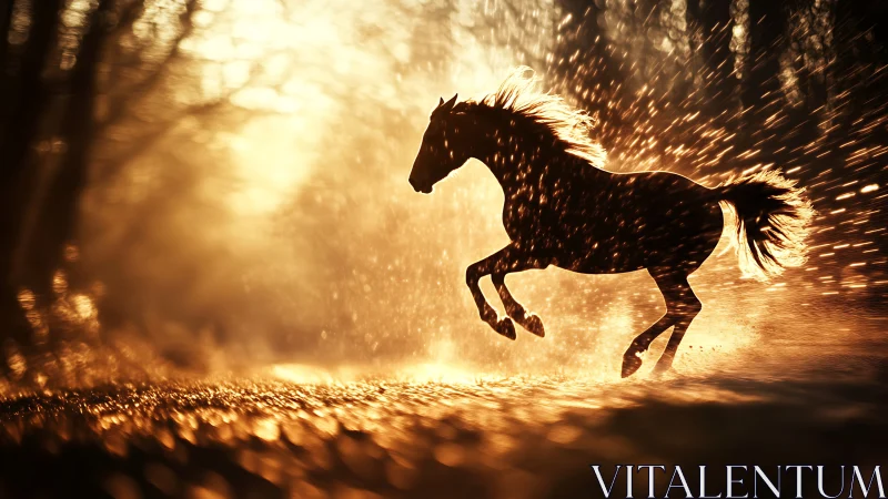 Silhouetted horse galloping through backlit forest spray at sunset