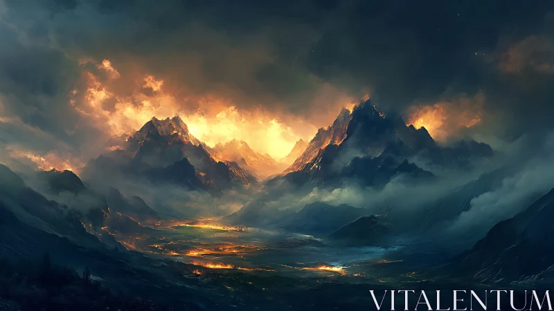 Fiery mountain range under stormy clouds at dusk.