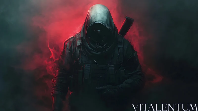 Hooded tactical assassin emerges through red smoke shroud.