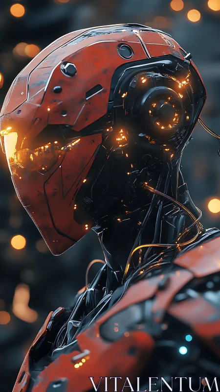 Futuristic combat android in red armor with glowing circuits.