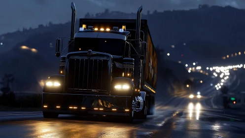 Nocturnal freight tractor in rain-soaked highway motion.