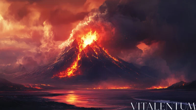 Volcanic Eruption at Night with Lava Flowing Down Mountain Slopes