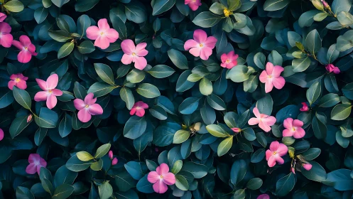 Pink flowers distributed across dark green foliage composition.