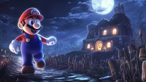 Cheerful plumber strides toward a glowing house at midnight