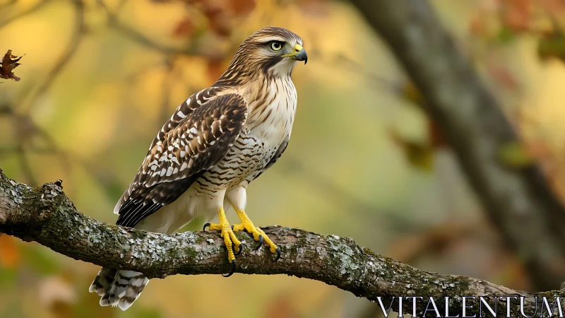 Sharp-eyed hawk perched on tree branch in vivid autumn forest scene.