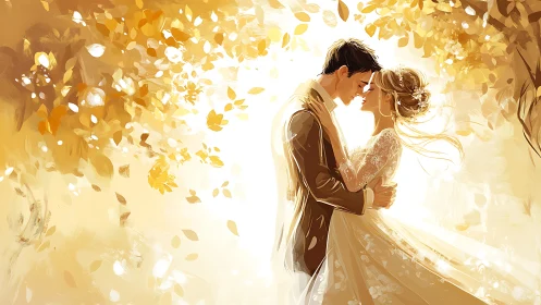 Bride and Groom Embracing Beneath Golden Autumn Canopy.