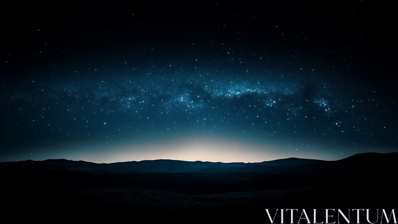 Starry night sky arches above dark mountain silhouettes