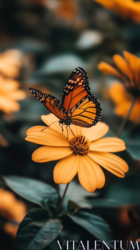 Monarch butterfly on golden daisy in shallow depth of field.