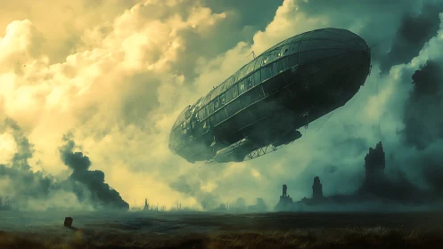 Postapocalyptic airship crossing toxic storm clouds.