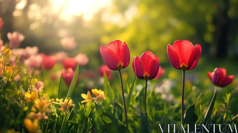 Red tulips with yellow flowers in garden setting.