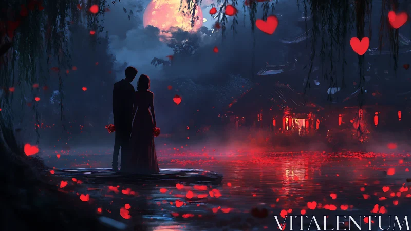 Lovers Silhouetted Beneath Glowing Moon and Floating Hearts.