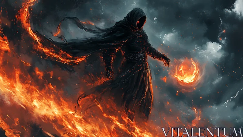 Hooded fire mage strides through stormy inferno skyscape