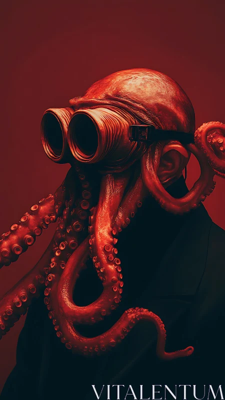 Cephalopod-masked figure merges horror and sci-fi surrealism.