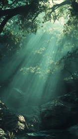 Sunbeams pierce misty forest ravine over mossed stone