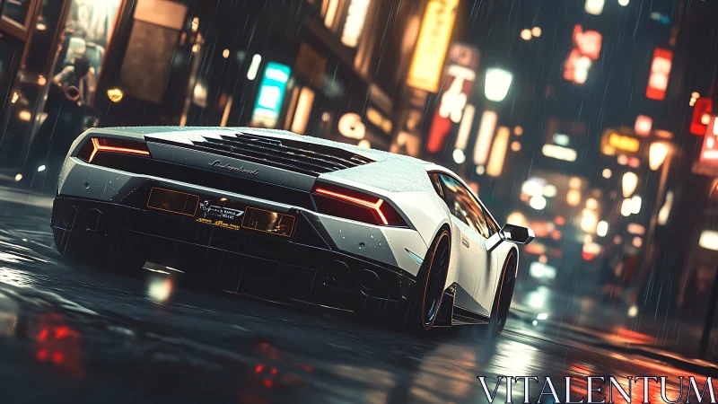 White supercar on wet neon city street at night in rain.