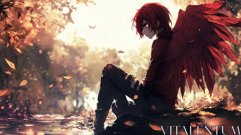 Red winged dreamer resting by a quiet autumn riverside.