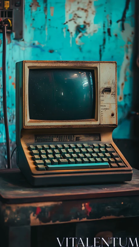 Aged CRT terminal with dust, corrosion and teal keycaps in focus