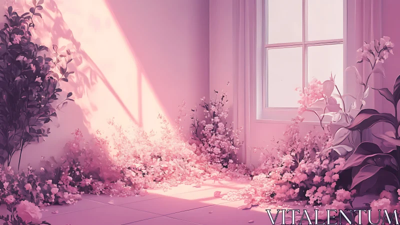 Soft pink indoor garden with window light and blossoms.