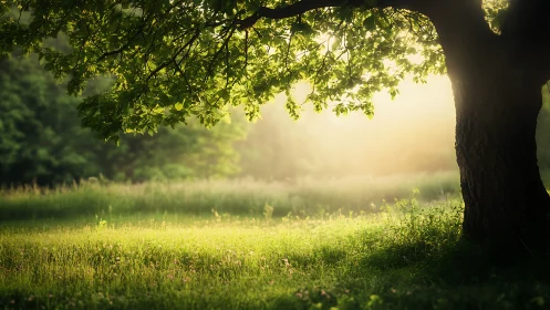 Sunlit Tree in Tranquil Meadow, Soft Natural Landscape Scene.