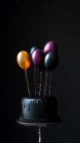 Dark Celebration: Metallic Balloons and Dripping Chocolate Cake.