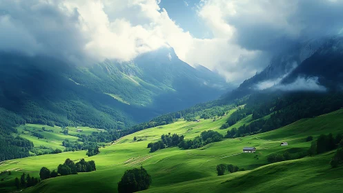 Sunlit alpine valley under brooding cloud wrapped peaks.