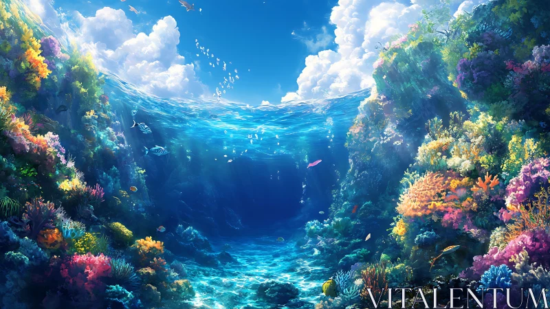 Radiant coral canyon under sunlit surface break digital seascape.