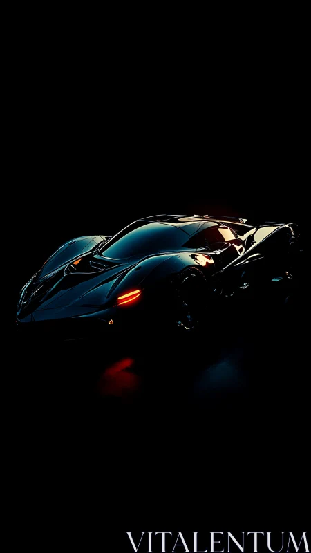 Dark studio shot of low lit black futuristic sports car.