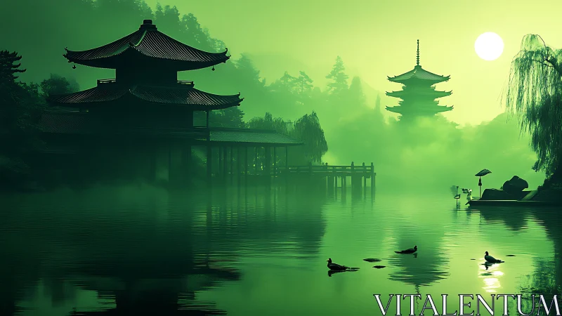 Misty green lakeside temple and pagoda at calm sunrise.