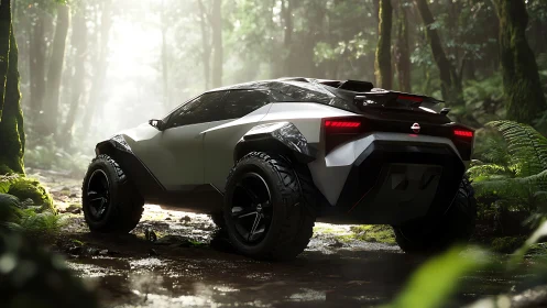 Futuristic off road SUV concept glows softly in a lush forest