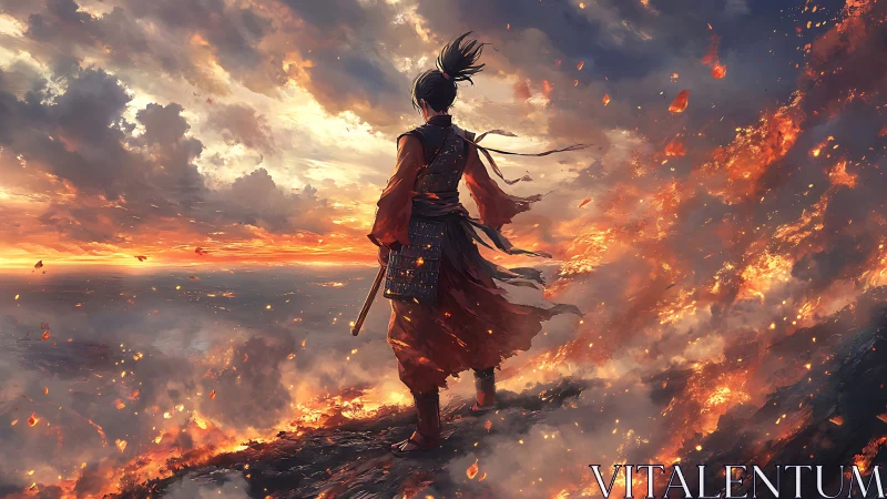 Lone warrior greeting a blazing horizon of fire and sky.
