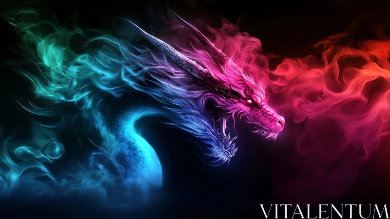 Neon chromatic dragon formed from swirling elemental smoke.