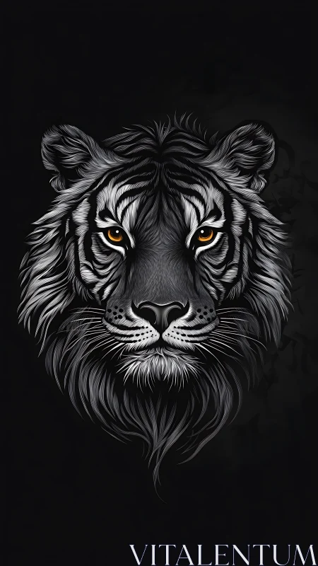 Monochrome frontal tiger portrait with luminous amber eyes
