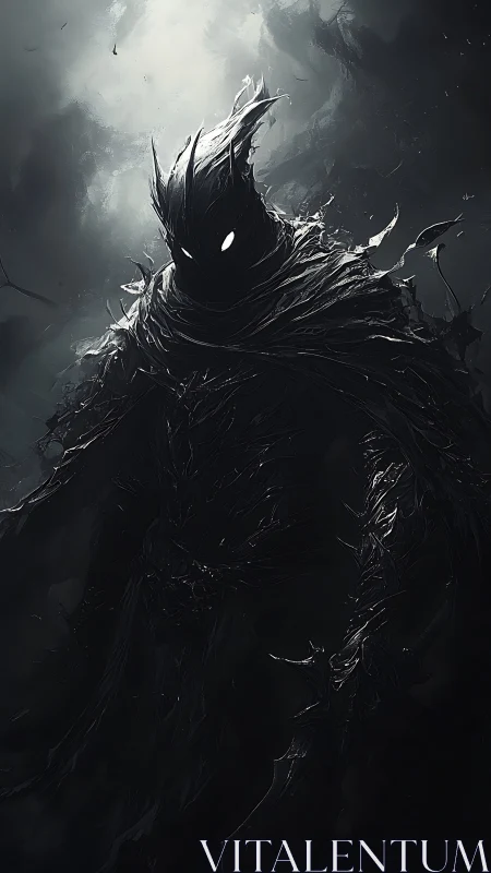 Dark spectral figure with glowing eyes in stormy void