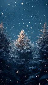 Snowlit firs whisper under midnight velvet snowfall hush.