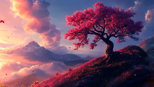 Crimson dreamtree gazes over sunlit clouds and distant peaks.
