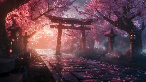 Torii gate stands on stone path under dense cherry blossoms