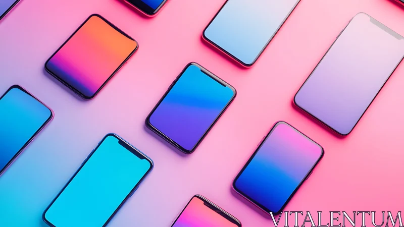 Modern smartphones arranged on gradient pink surface.