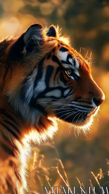 Tiger profile rendered in warm backlit golden sunset light