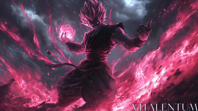 Energetic warrior silhouette wielding crimson plasma aura storm