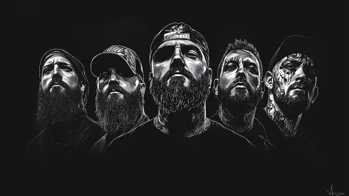 Bold bearded band portrait glowing from the dark night.
