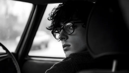 Young person in glasses seated in car interior, profile view.