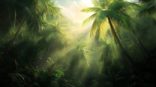 Misty Tropical Haven Where Golden Light Dances Through Palm Trees