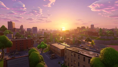 Sunlit stylized city skyline under glowing pastel clouds.