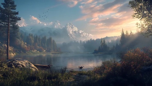 Golden morning light drifts across a calm mountain lake