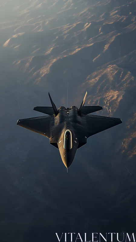 Stealth jet aircraft in high-altitude flight over terrain.