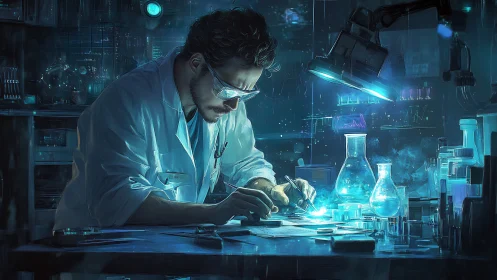 Scientist refines glowing sample under cold neon lab light