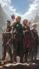 Elven adventuring party in ornate armor under mountain sky.