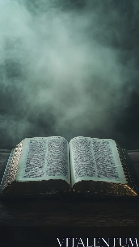 Open Bible rests on wooden surface under dense rising fog