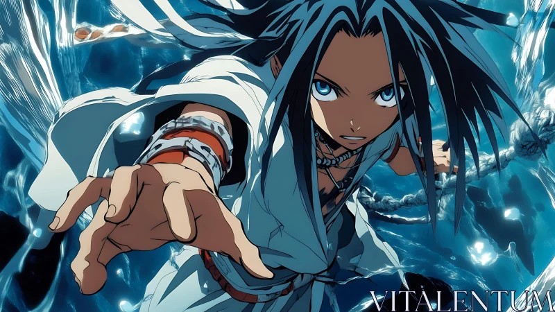 Determined anime warrior dives through swirling blue energy.