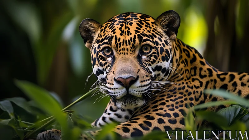 Jaguar in dense rainforest rendered with high-detail photorealism